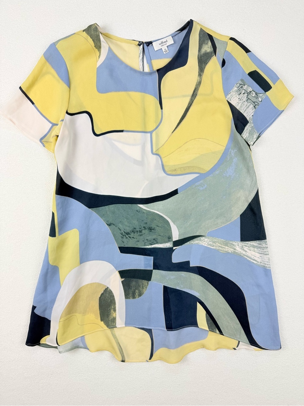 Wilfred 100% Silk Abstract Print Blouse Pastel Blue Yellow Art Print Top Aritzia